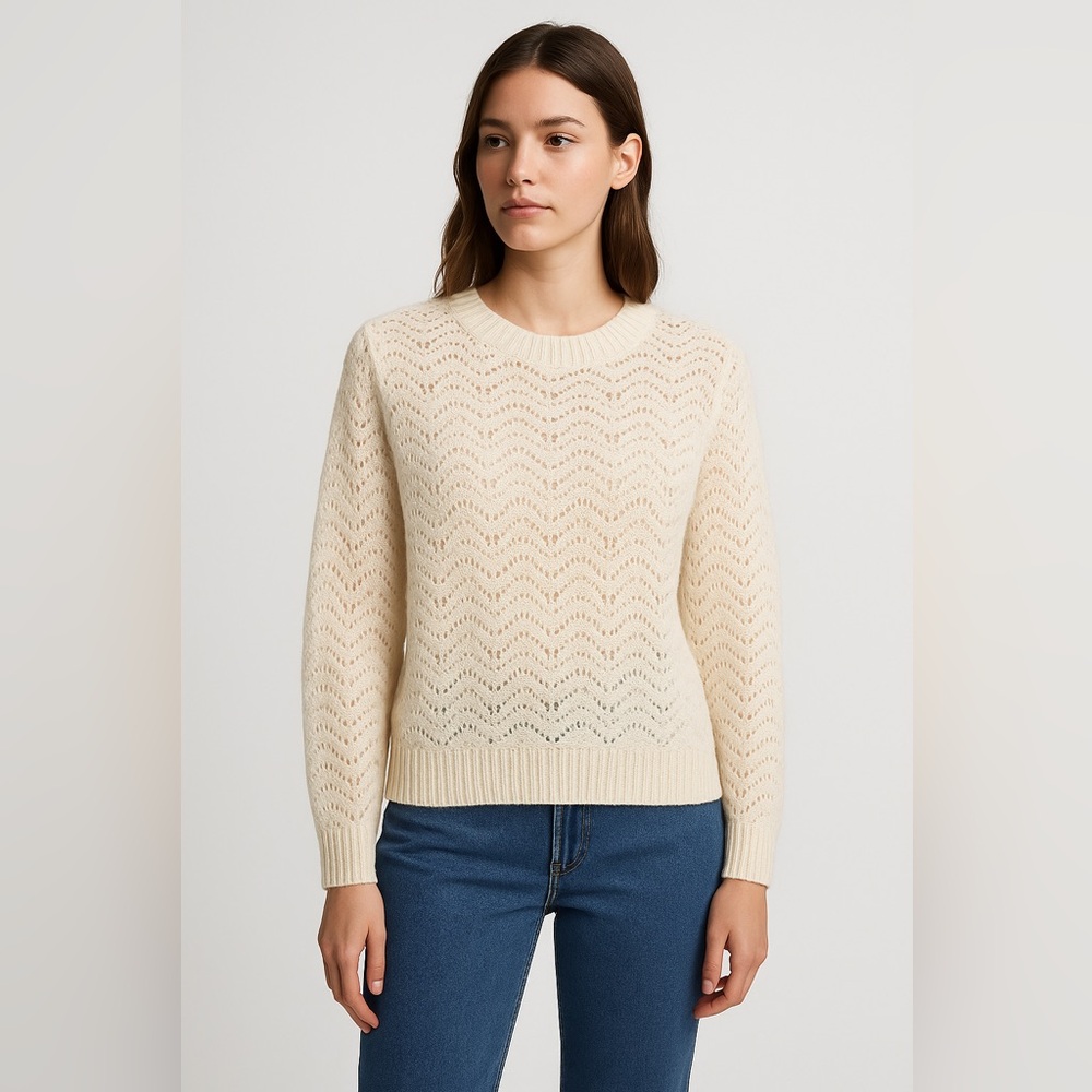 MNG Mango Wool-Blend Cream Open-Knit Sweater